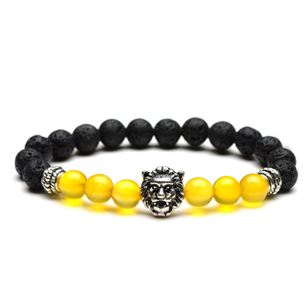 8mm Silver Yellow Agate Volcanic Lava Rock Lion Head Bracelet