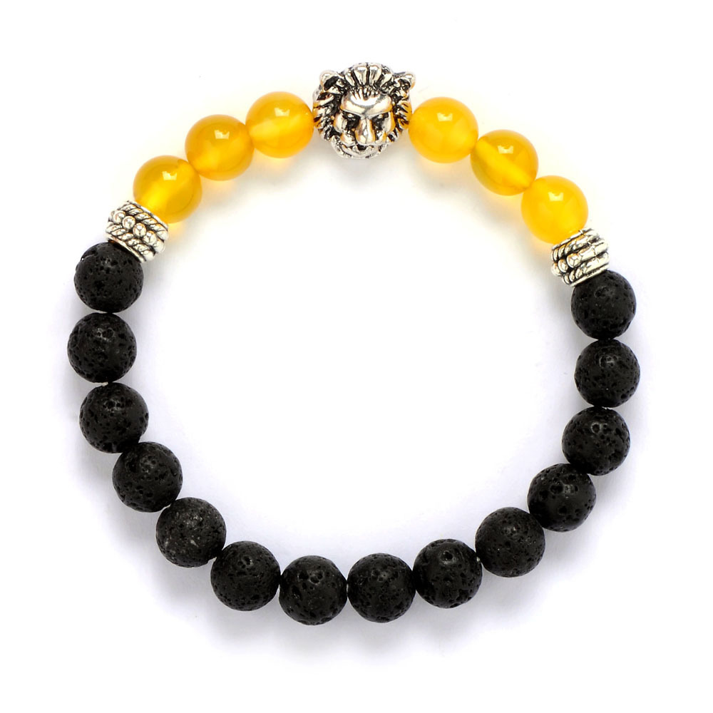 8mm Silver Yellow Agate Volcanic Lava Rock Lion Head Bracelet
