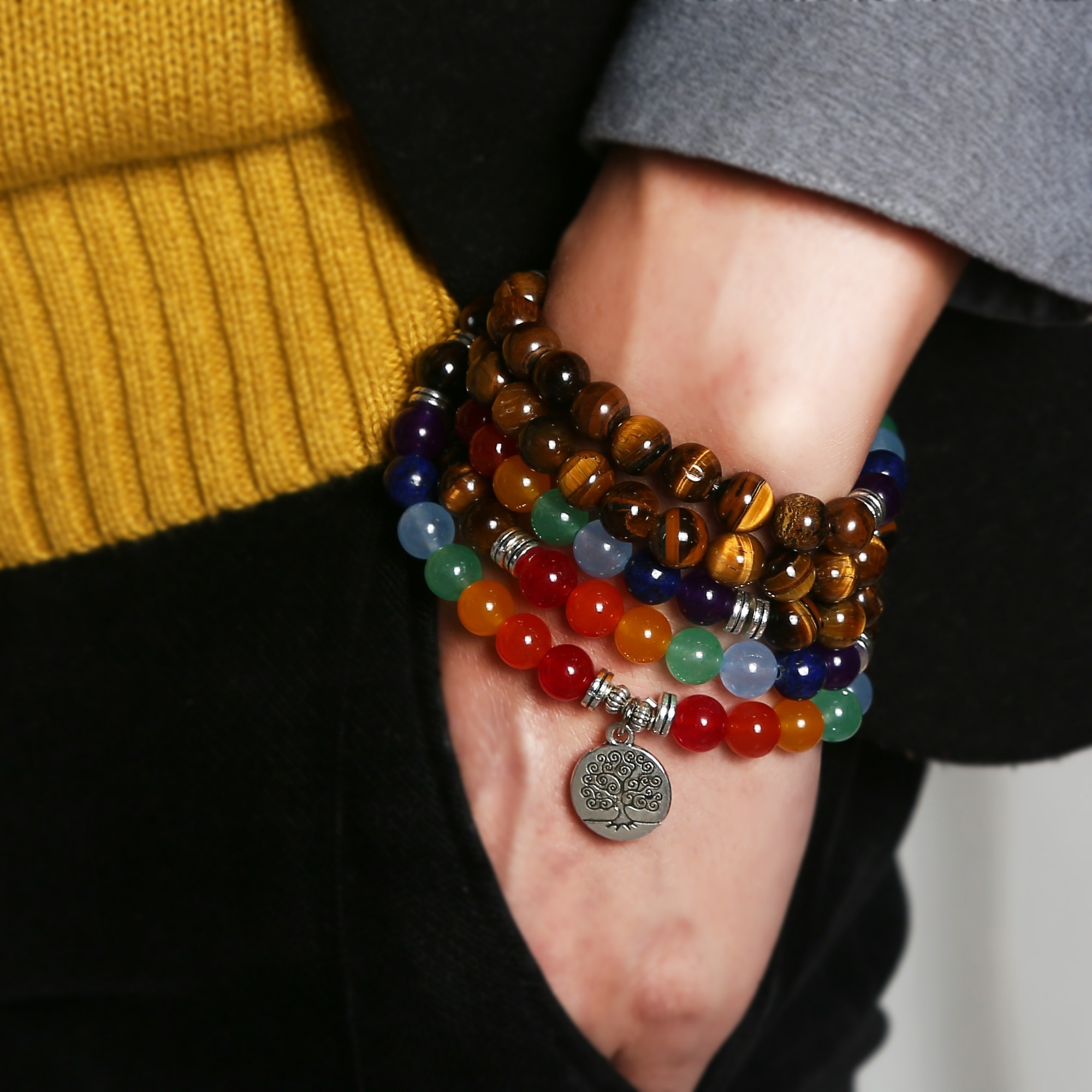 Fashion 108 Seven Chakras Tiger's Eye Stone Bracelet Natural energetic Jewelry