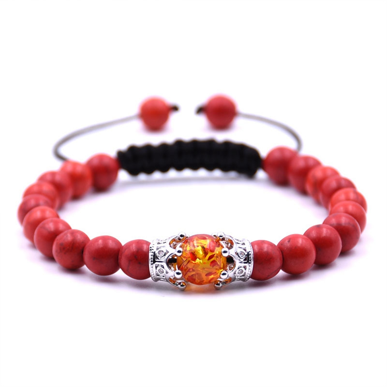 8MM Turquoise Double Crown Syn. Amber Beads Braided Bracelet