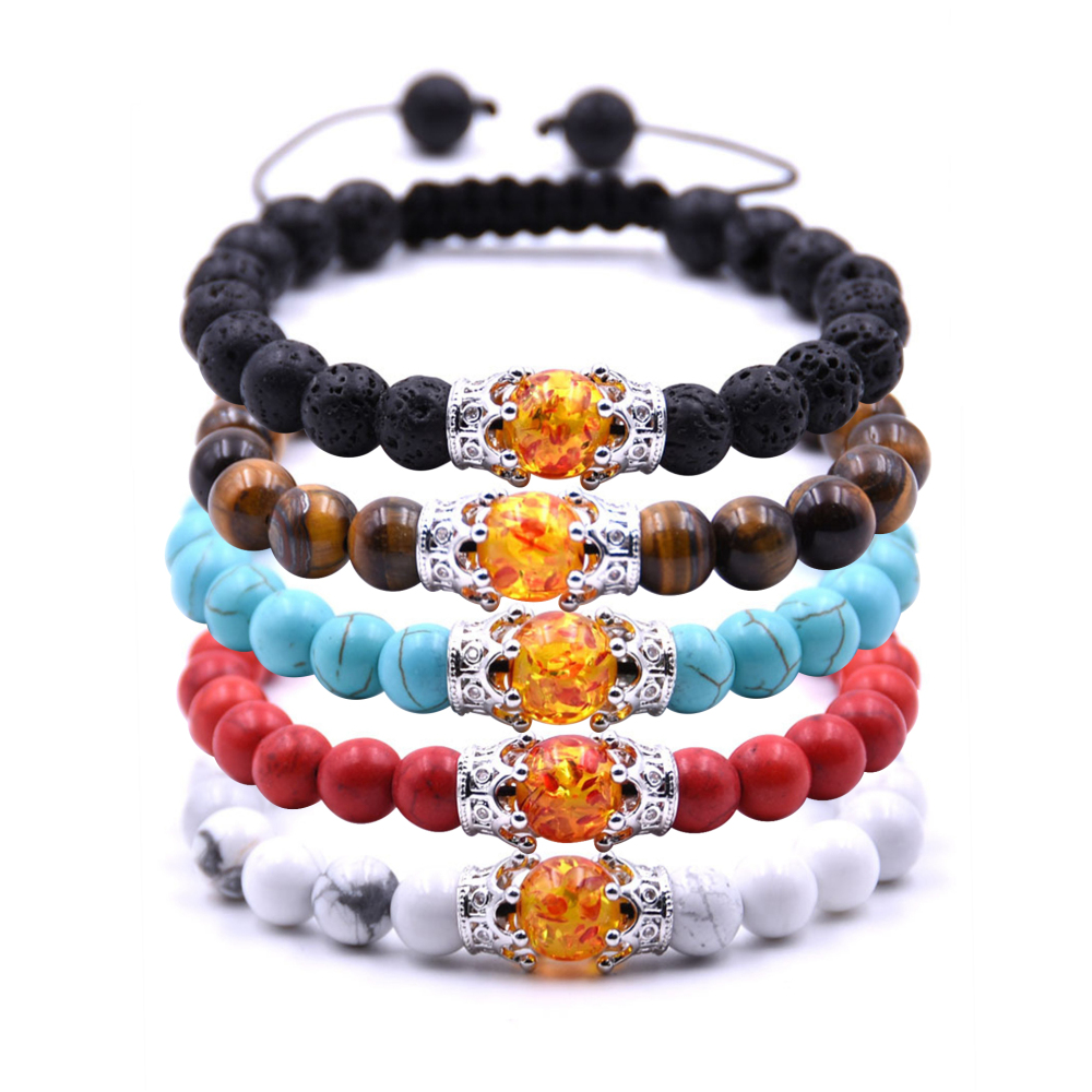 8MM Turquoise Double Crown Syn. Amber Beads Braided Bracelet