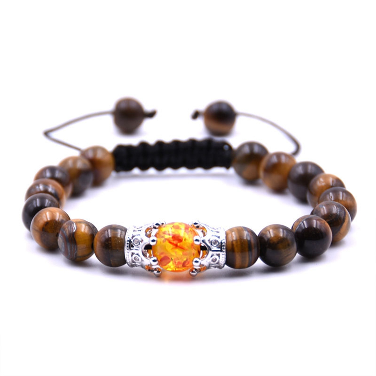 8MM Turquoise Double Crown Syn. Amber Beads Braided Bracelet