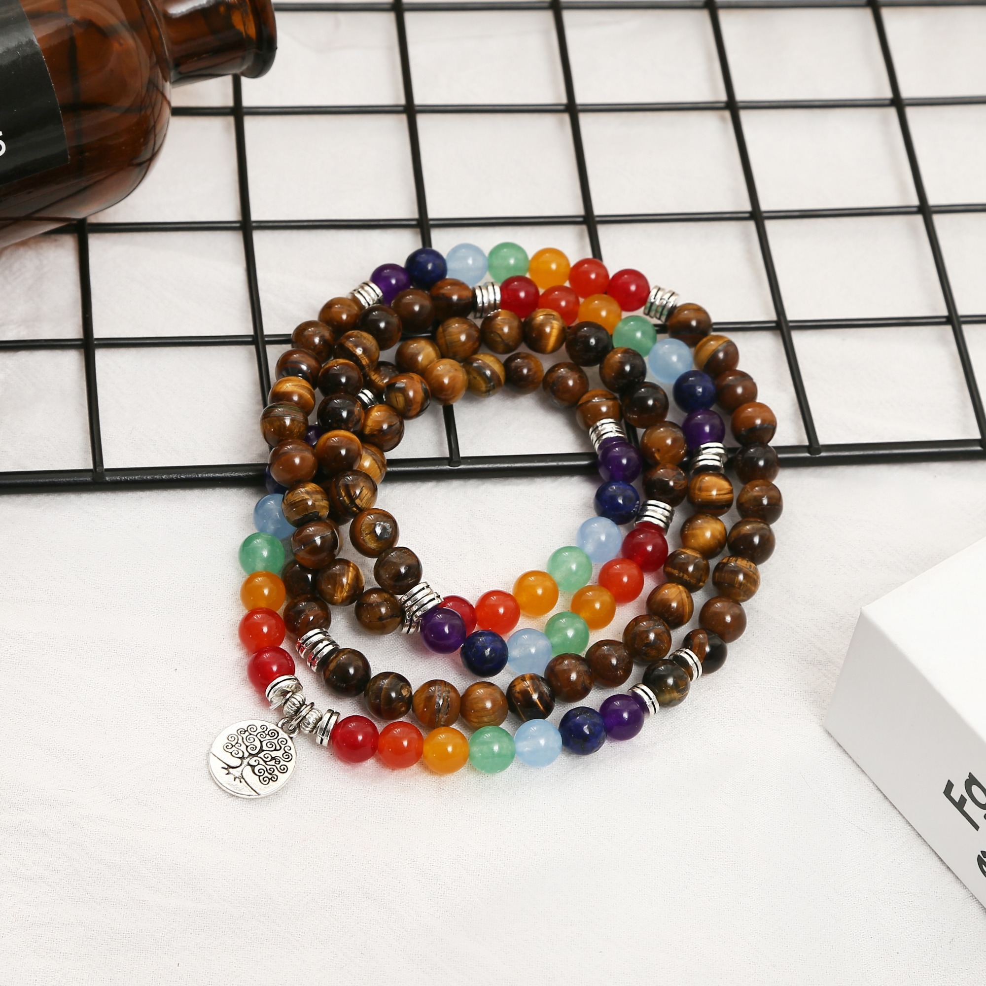 Fashion 108 Seven Chakras Tiger's Eye Stone Bracelet Natural energetic Jewelry