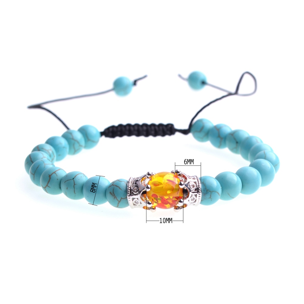 8MM Turquoise Double Crown Syn. Amber Beads Braided Bracelet