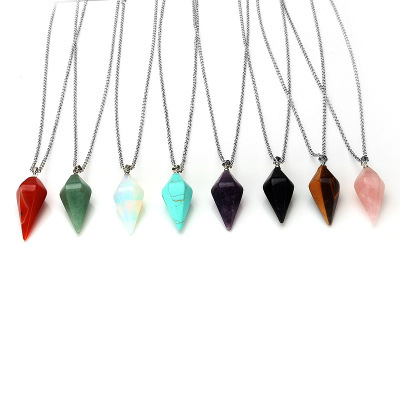 Natural Gemstone Crystal Healing Cone Hexagonal Point Pendulum Pendant Necklace