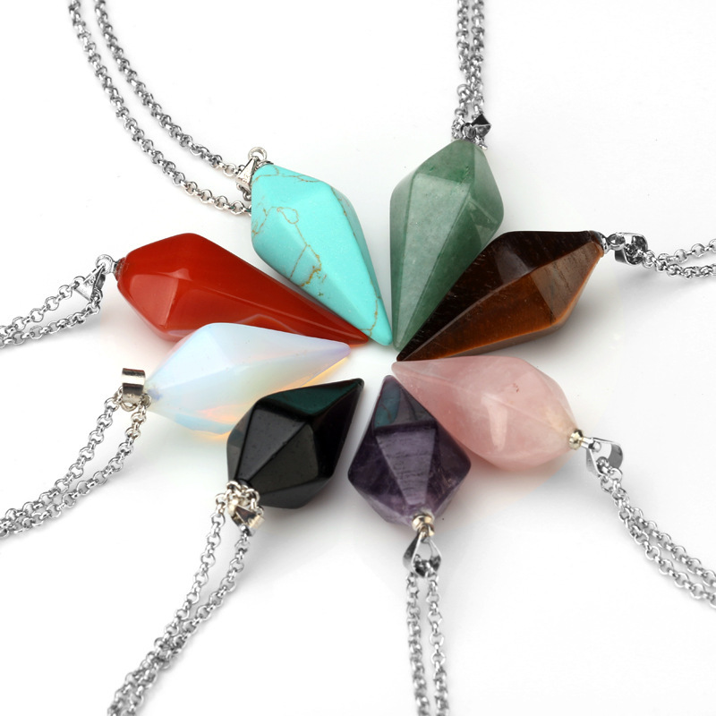 Natural Gemstone Crystal Healing Cone Hexagonal Point Pendulum Pendant Necklace