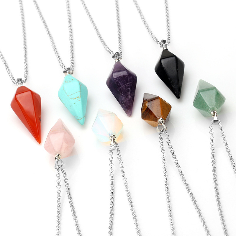 Natural Gemstone Crystal Healing Cone Hexagonal Point Pendulum Pendant Necklace