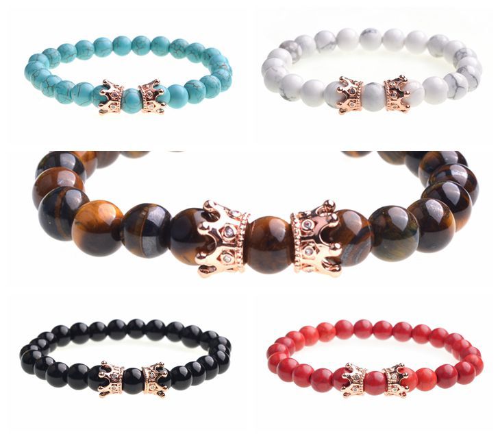 Fashion 8mm Meditation Stone Trendy Rose Gold Double Crown Men Jewelry Bracelet for Women