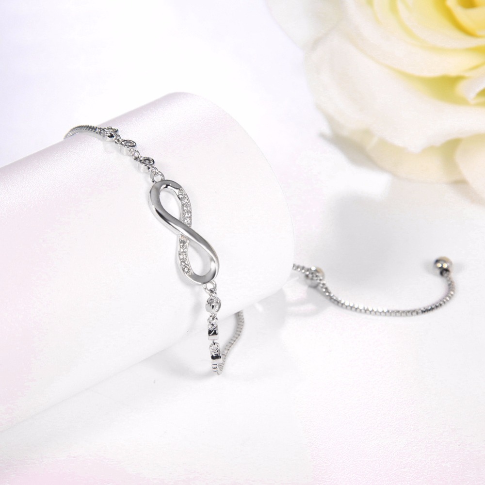 Womens Infinity Charm Link Anklet Bracelet Steel CZ Rhinestone Endless Love Symbol Adjustable Plus Size Large Bangle for her Valentines Mother Day Gif