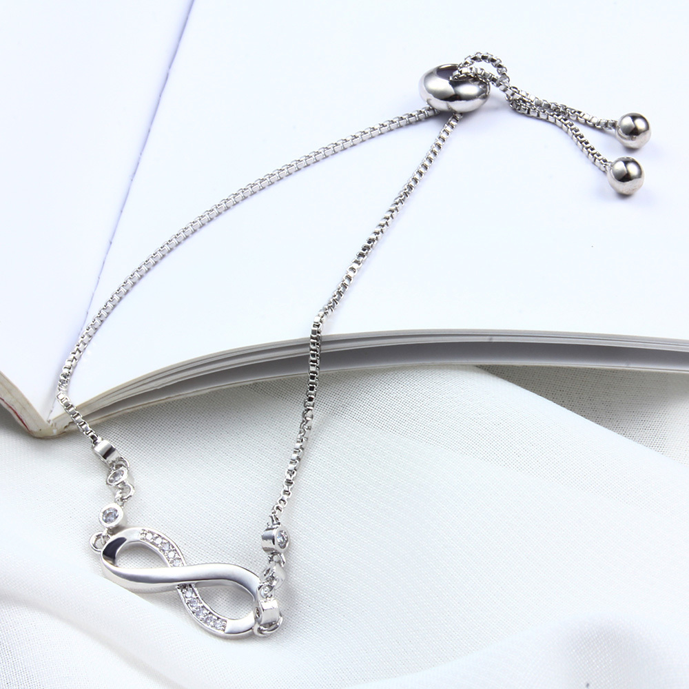 Womens Infinity Charm Link Anklet Bracelet Steel CZ Rhinestone Endless Love Symbol Adjustable Plus Size Large Bangle for her Valentines Mother Day Gif