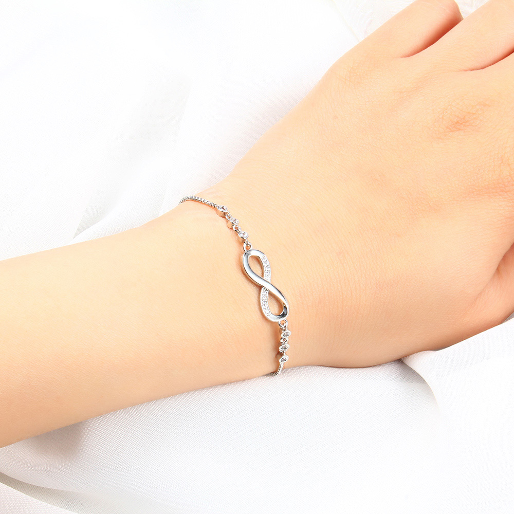 Womens Infinity Charm Link Anklet Bracelet Steel CZ Rhinestone Endless Love Symbol Adjustable Plus Size Large Bangle for her Valentines Mother Day Gif