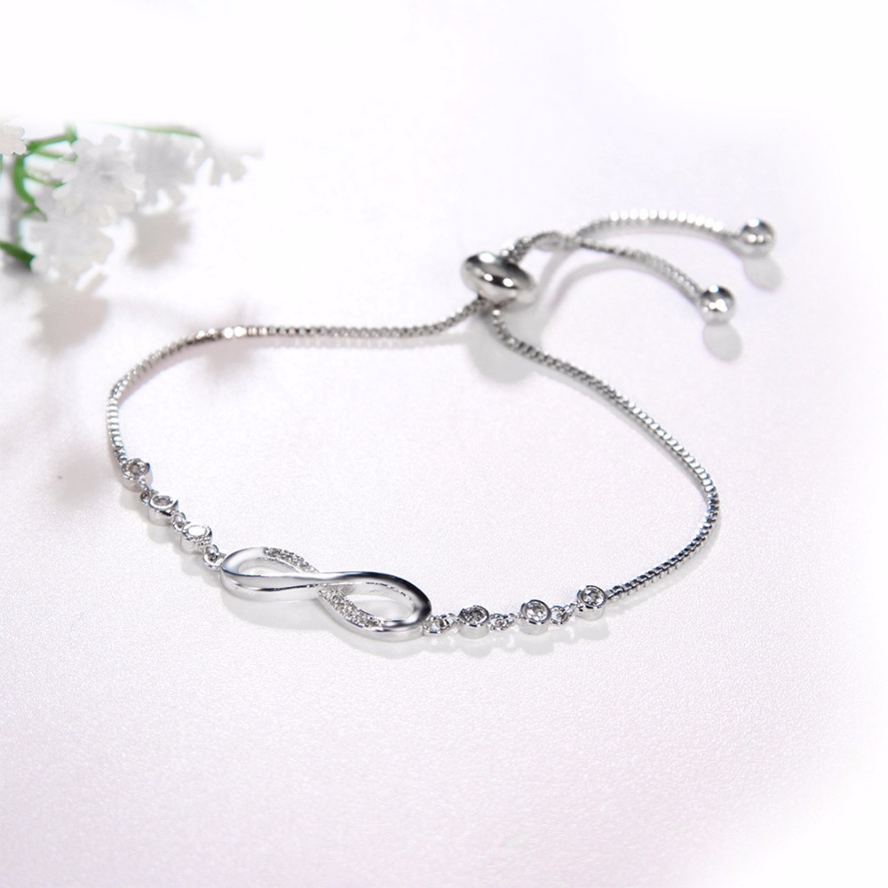 Womens Infinity Charm Link Anklet Bracelet Steel CZ Rhinestone Endless Love Symbol Adjustable Plus Size Large Bangle for her Valentines Mother Day Gif