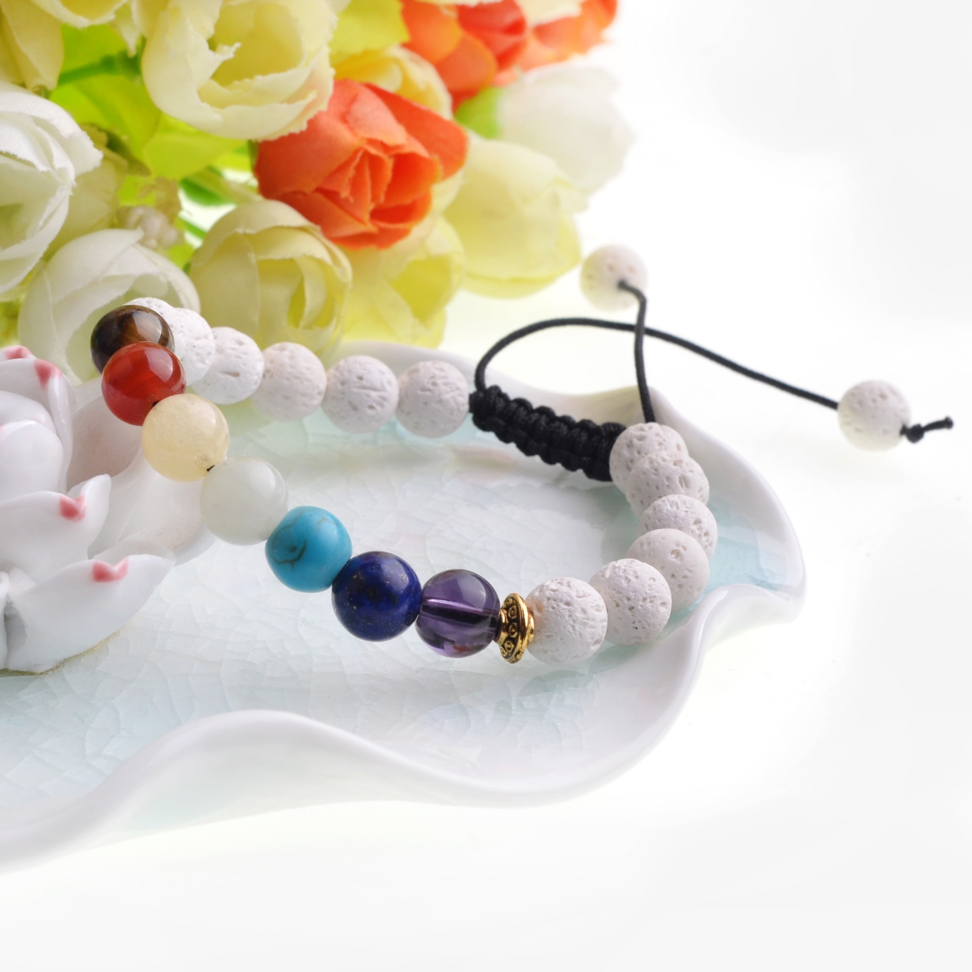 2Pcs/Set Couples Bracelets Natural 7 Chakra Stone White Black Weave Rope Bangle