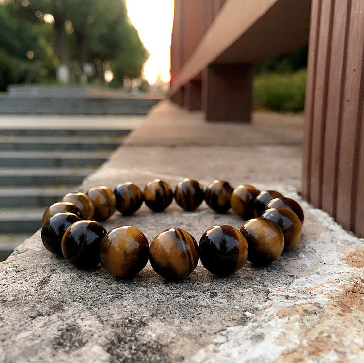 Natural Tiger Eye Gemstone Charm Bracelet Mala Beads Stretchy Man's Jewelry