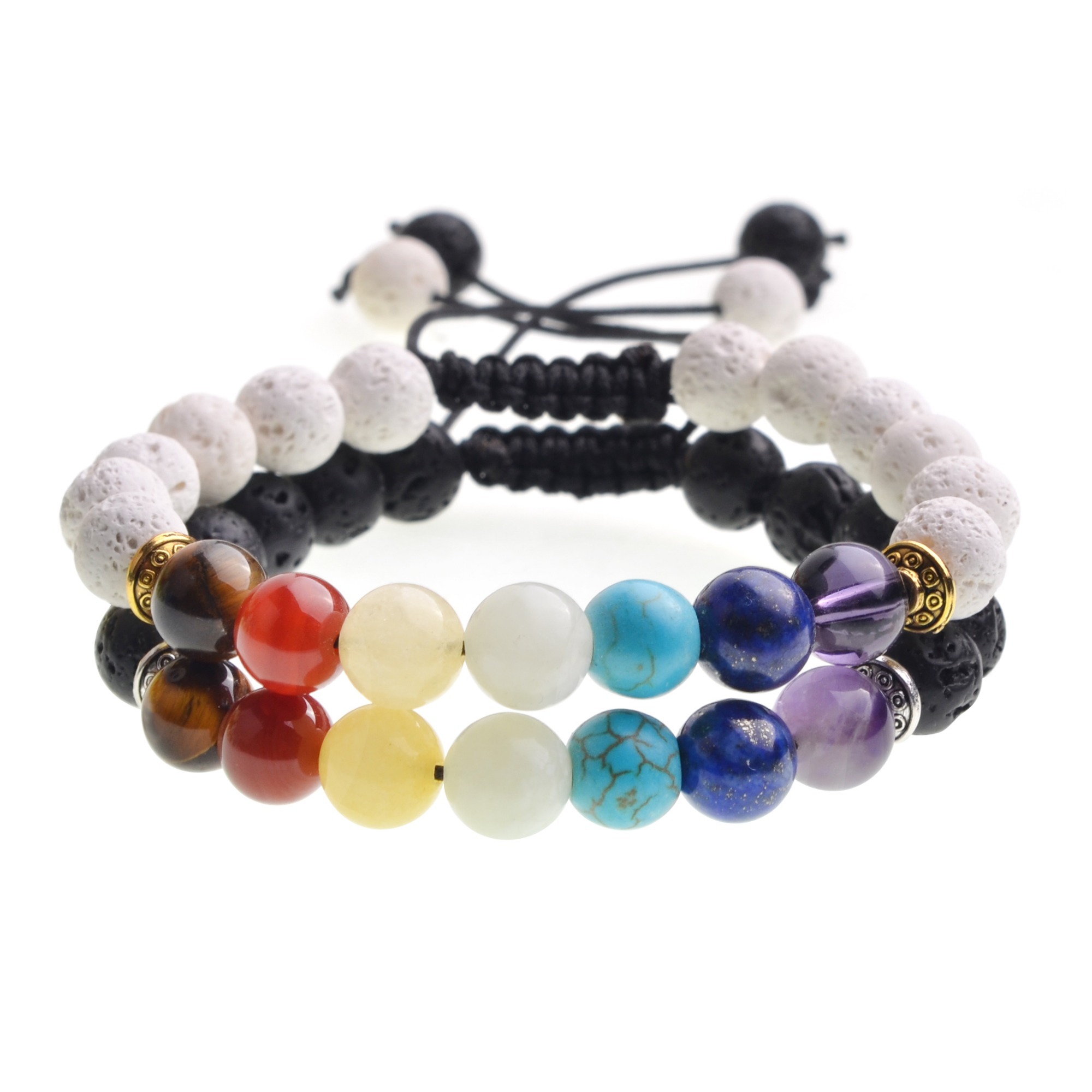 2Pcs/Set Couples Bracelets Natural 7 Chakra Stone White Black Weave Rope Bangle