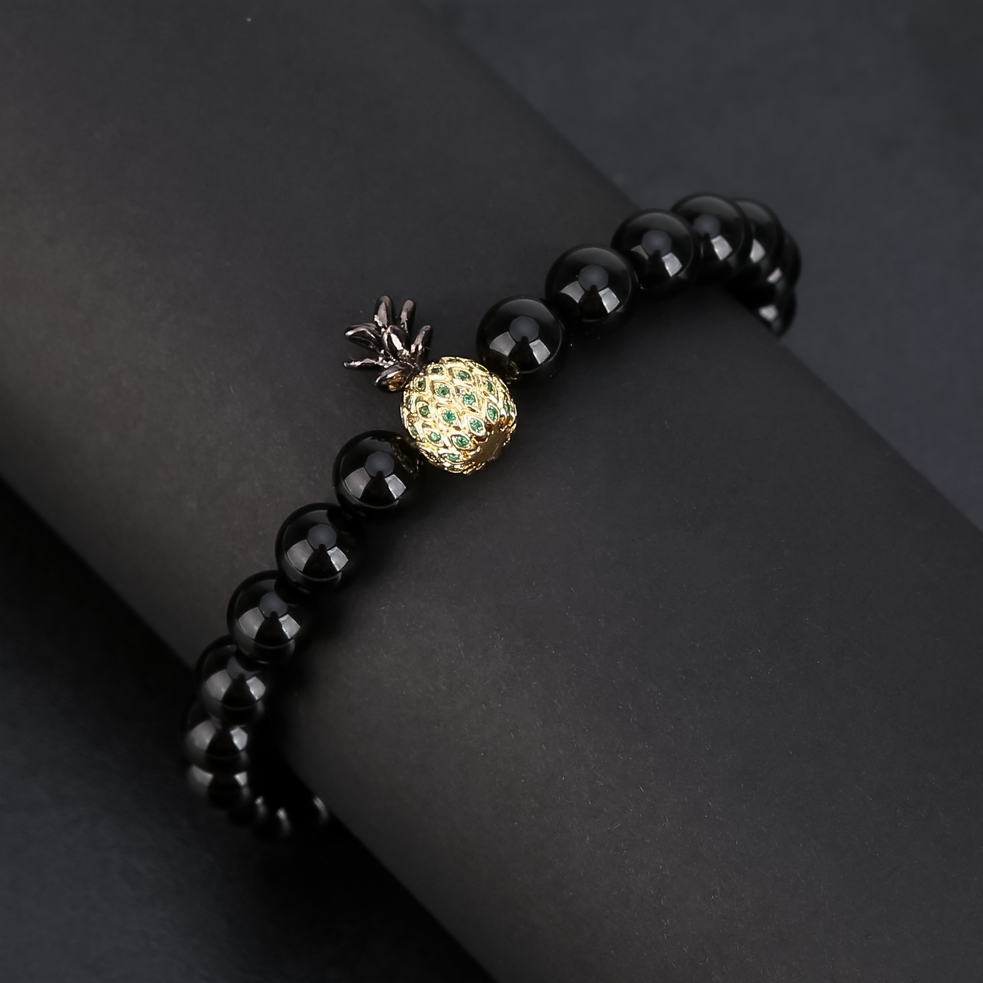 Pineapple Charm Bracelets for Lovers Black Onyx Agate 8mm Beads Bracelet Unisex