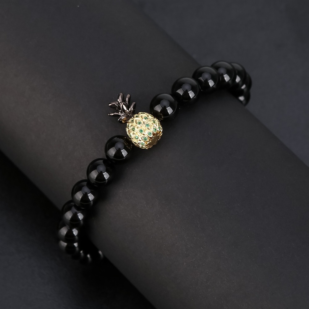Pineapple Charm Bracelets for Lovers Black Onyx Agate 8mm Beads Bracelet Unisex