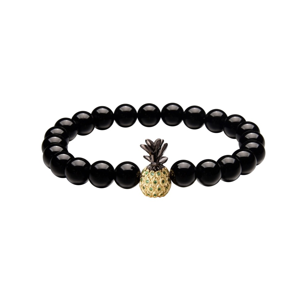 Pineapple Charm Bracelets for Lovers Black Onyx Agate 8mm Beads Bracelet Unisex