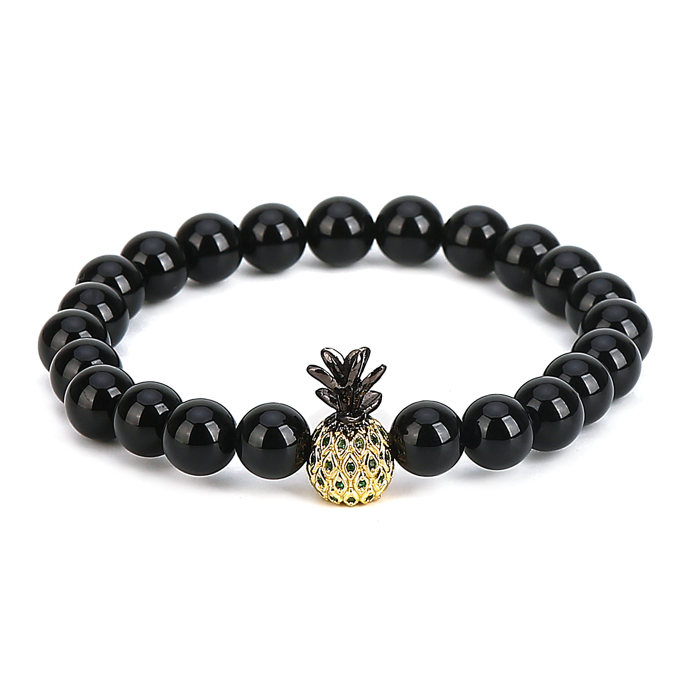 Pineapple Charm Bracelets for Lovers Black Onyx Agate 8mm Beads Bracelet Unisex