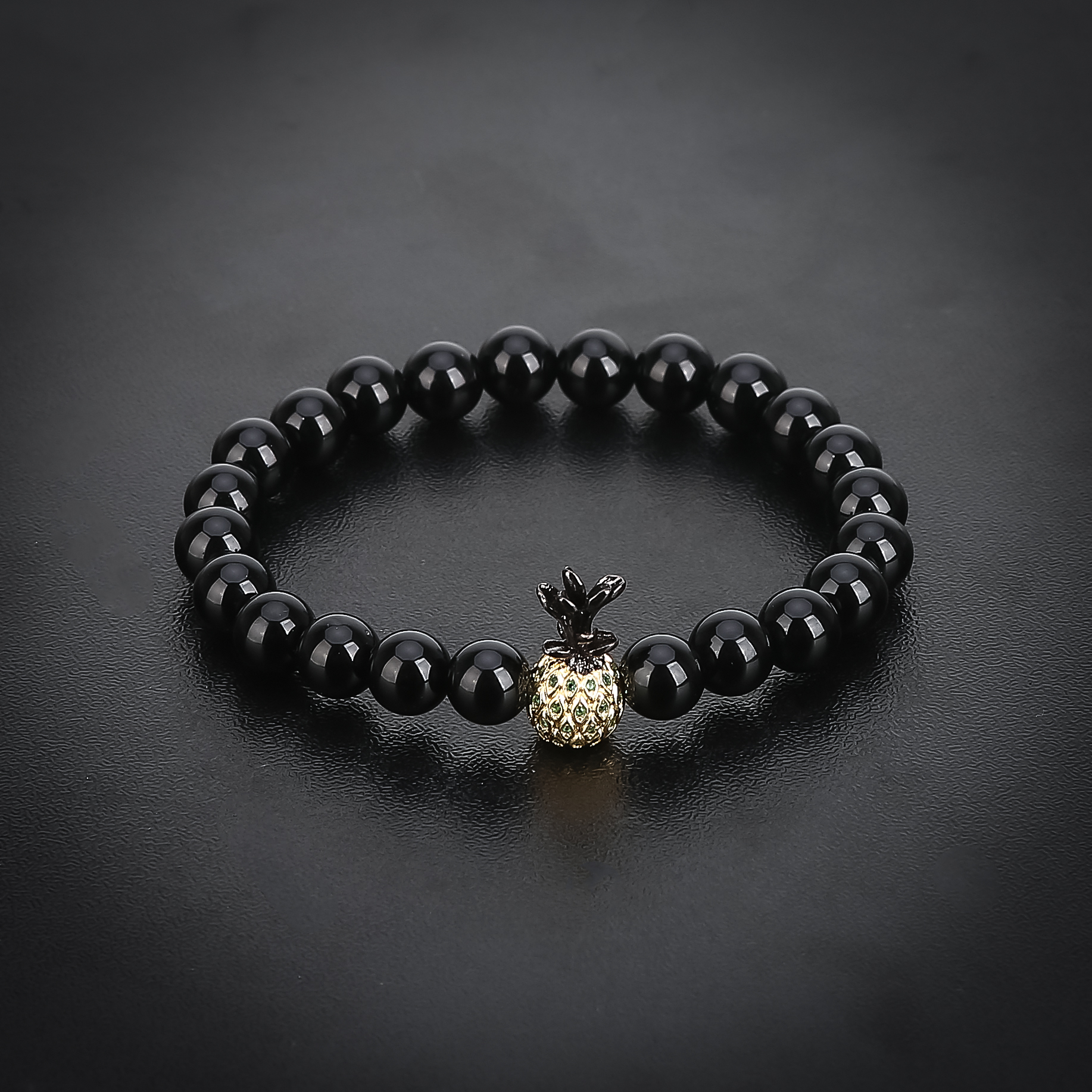 Pineapple Charm Bracelets for Lovers Black Onyx Agate 8mm Beads Bracelet Unisex