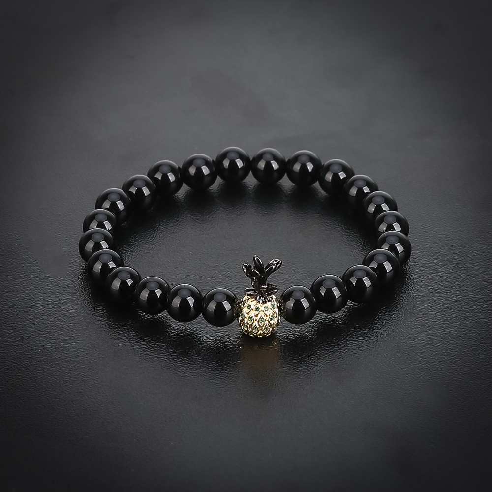 Pineapple Charm Bracelets for Lovers Black Onyx Agate 8mm Beads Bracelet Unisex