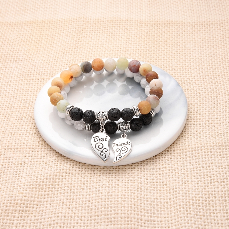 Love Heart Engraved Bracelets Best Friend Styels with Stone Beads Chain Unisex