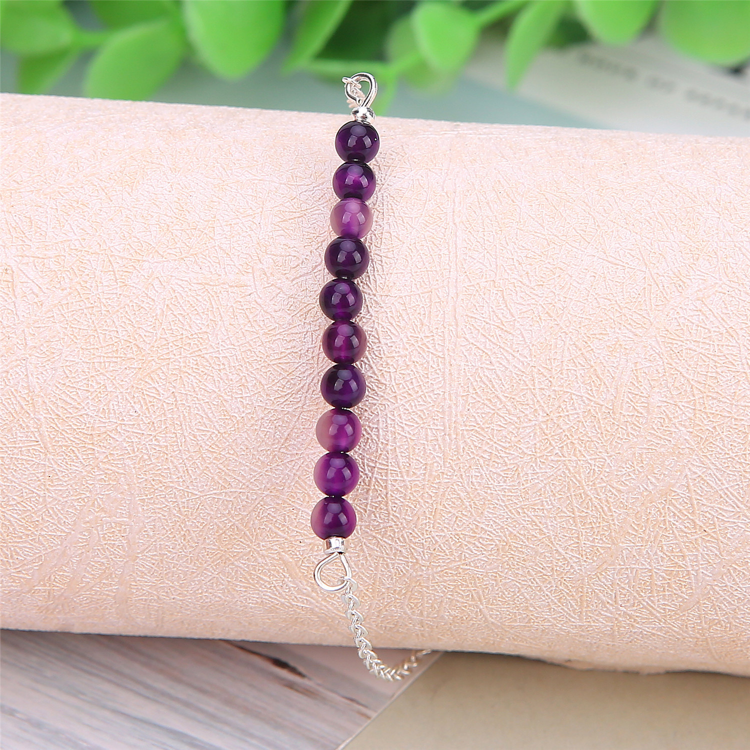 4mm Natural Agate Positioning Beads Chain Adjustable Bracelet for Girl