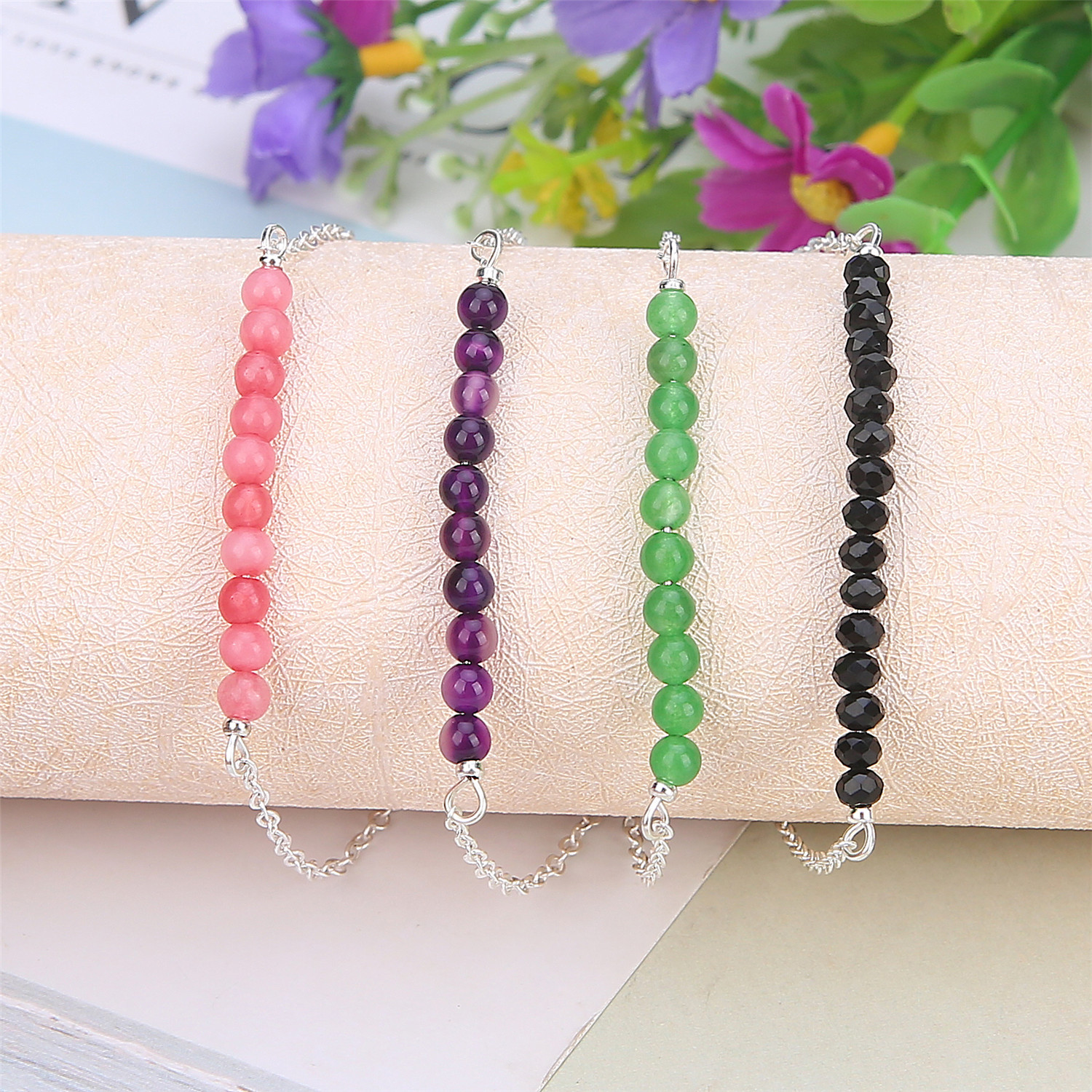 4mm Natural Agate Positioning Beads Chain Adjustable Bracelet for Girl