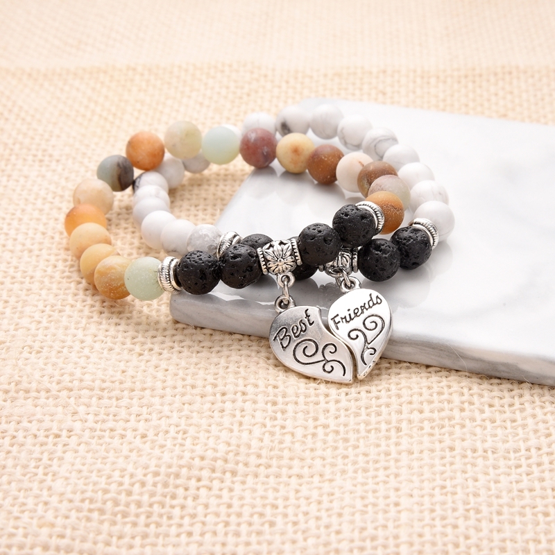 Love Heart Engraved Bracelets Best Friend Styels with Stone Beads Chain Unisex