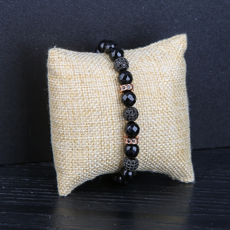 Fashion 3 Black Ball Alloy Spacer Faceted Black Agate Bracelet for Women and Men