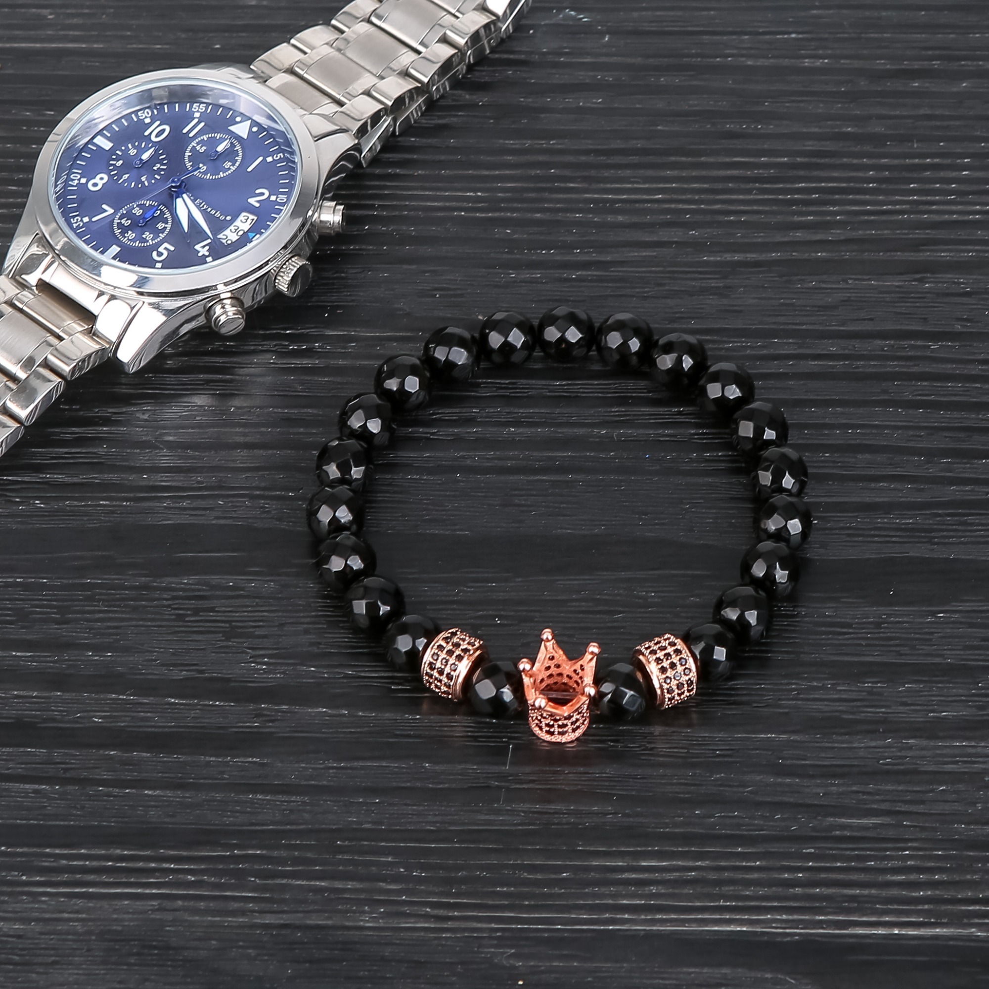 Fashion Faceted Black Onyx Rose Gold Oval Zircon Crown Bracelet for Men Women