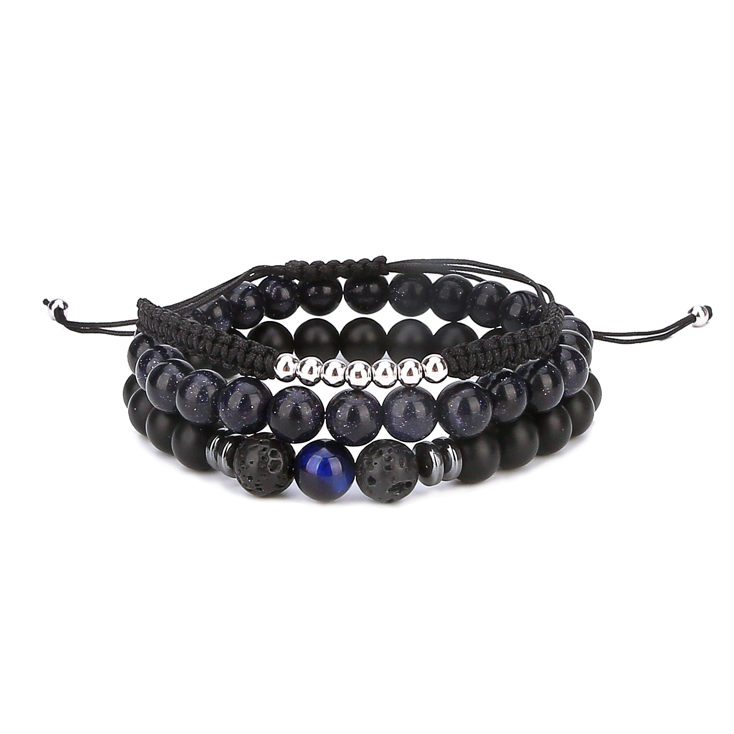 3 pcs Men Women Turquoise Black Lava Rock Stone Bead Charm And Leather Bracelet