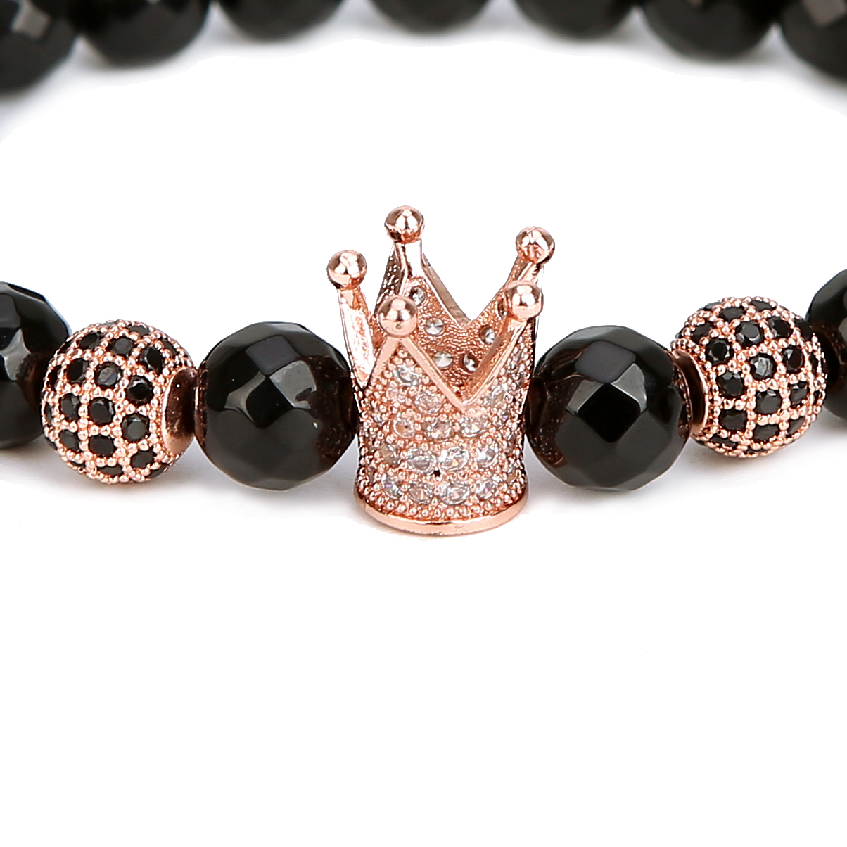 Faceted Black Agate Rose Gold Ball Zircon Crown Bracelet Man Fashion Women Fashion Gift For Women Fashion Bracelets