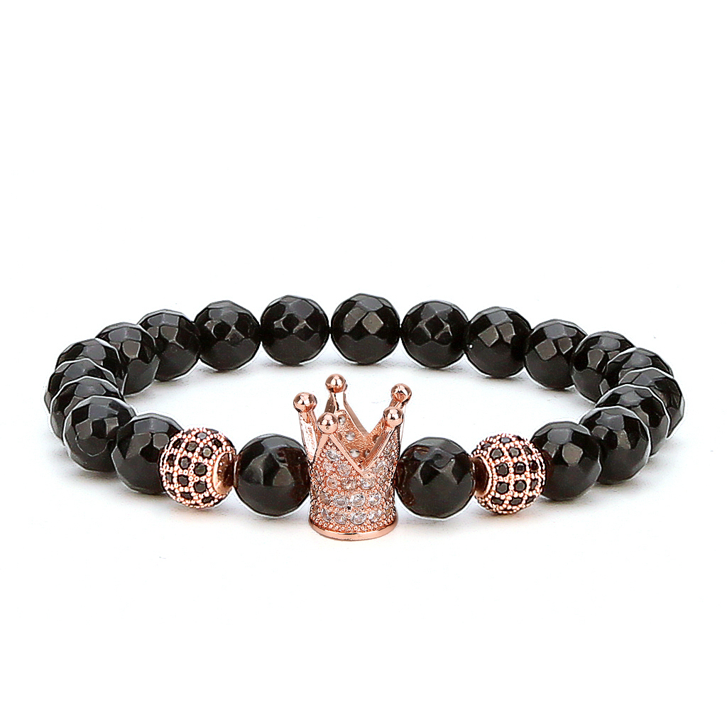 Faceted Black Agate Rose Gold Ball Zircon Crown Bracelet Man Fashion Women Fashion Gift For Women Fashion Bracelets