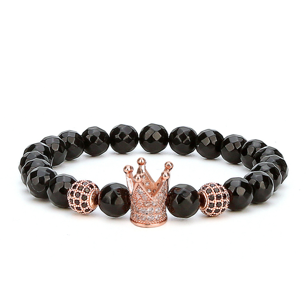 Faceted Black Agate Rose Gold Ball Zircon Crown Bracelet Man Fashion Women Fashion Gift For Women Fashion Bracelets