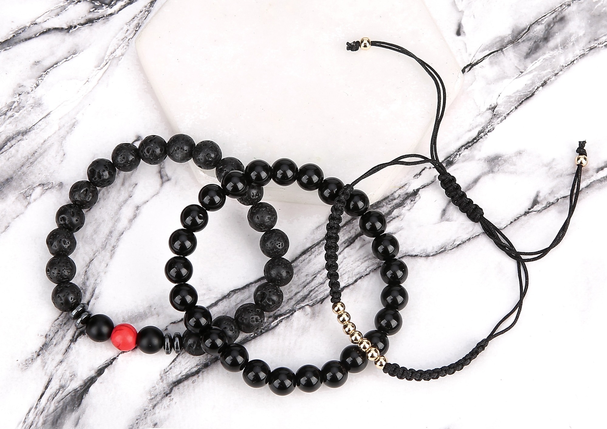 3 pcs Men Women Turquoise Black Lava Rock Stone Bead Charm And Leather Bracelet