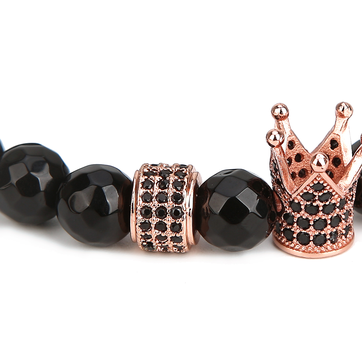 Fashion Faceted Black Onyx Rose Gold Oval Zircon Crown Bracelet for Men Women