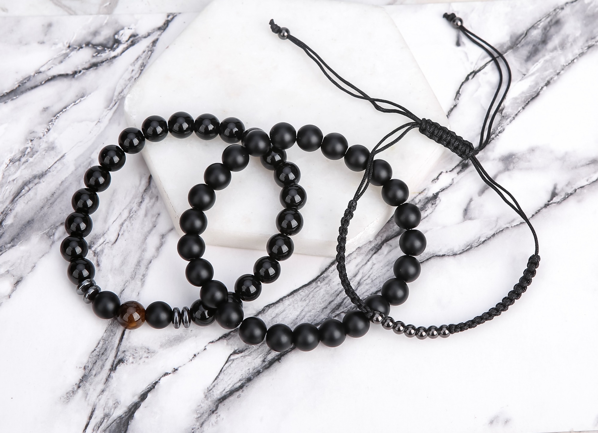 3 pcs Men Women Turquoise Black Lava Rock Stone Bead Charm And Leather Bracelet