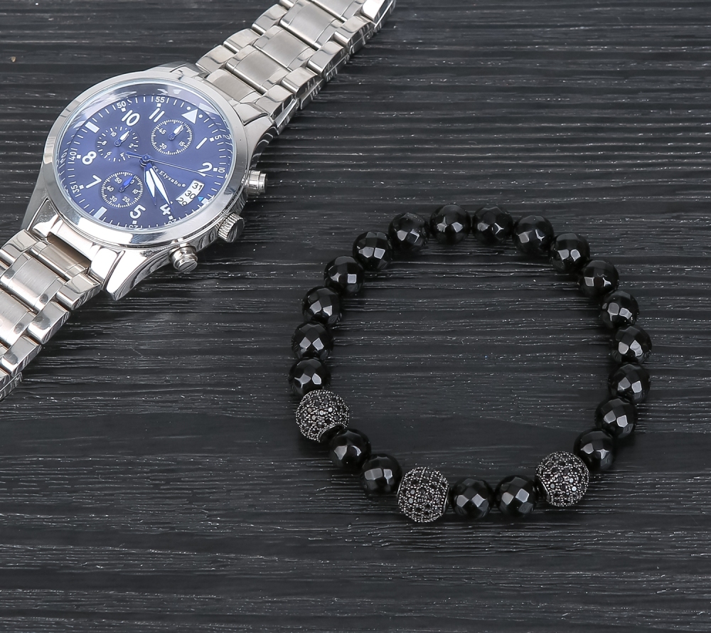 3 Micro inlay zircon Faceted black agate Natural Stone bead Bracelets For Women