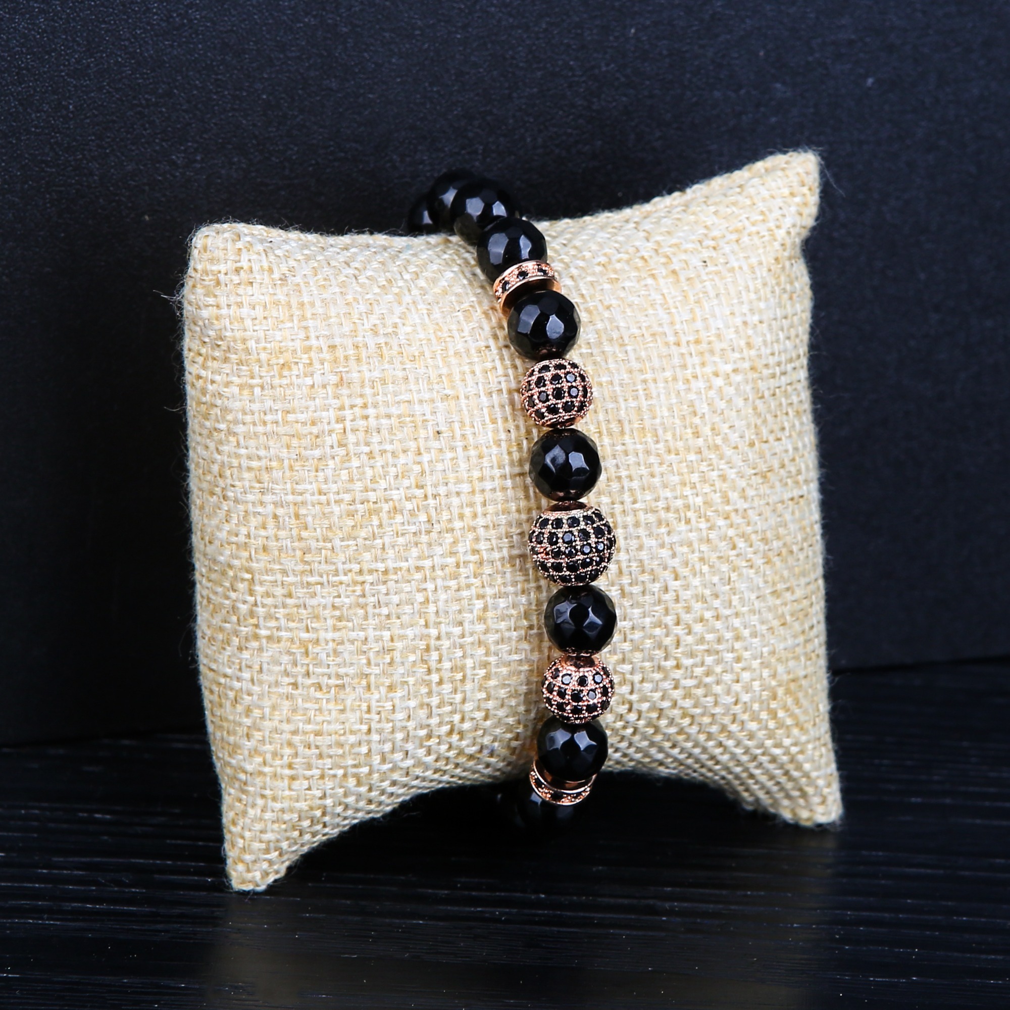 Rose Gold 3 Micro inlay zircon Faceted black agate Bracelets Woman's Jewelry