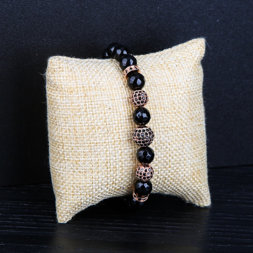 Rose Gold 3 Micro inlay zircon Faceted black agate Bracelets Woman's Jewelry