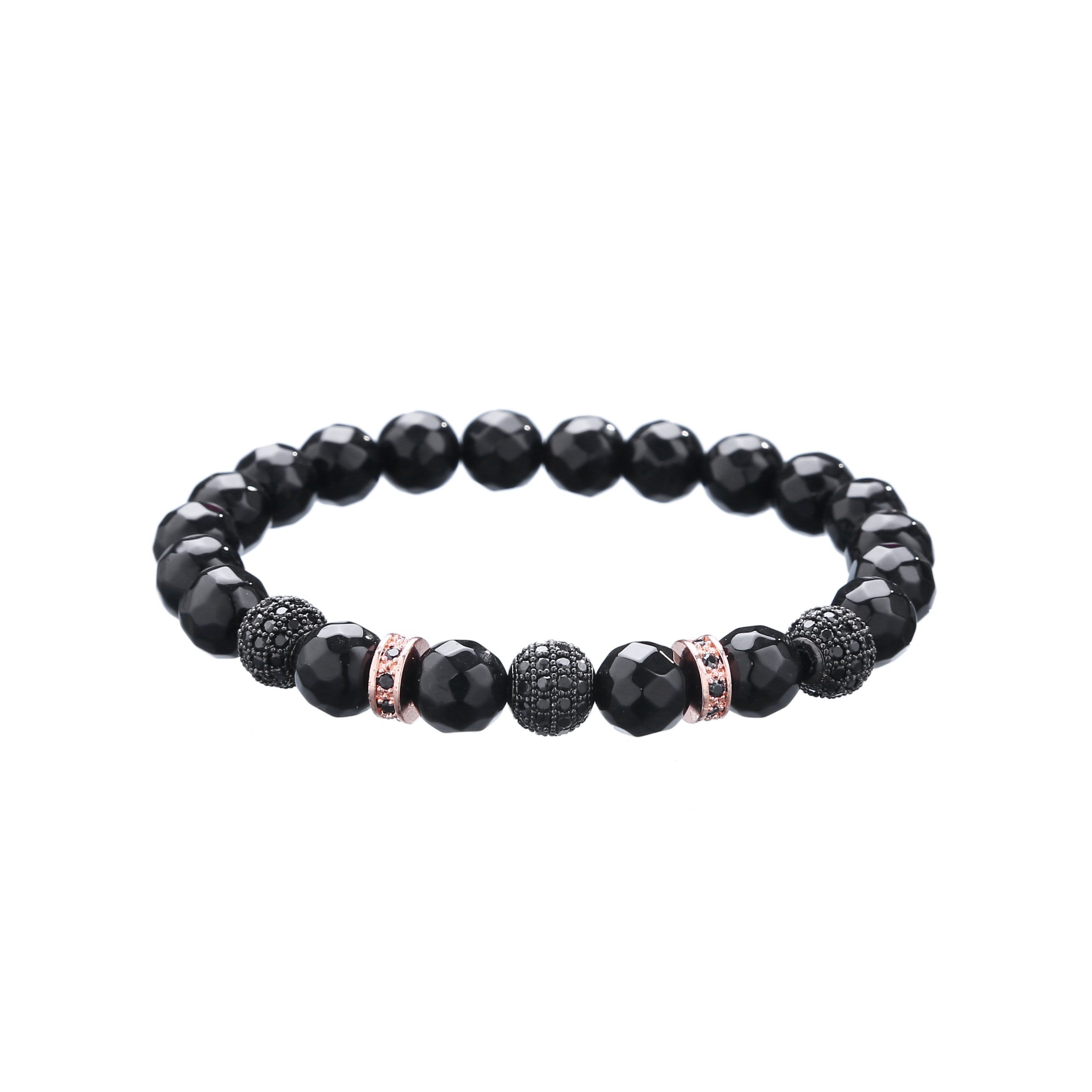 3 Black Ball Natural Faceted Black Agate Rose Gold Ball Zircon Crown Bracelet
