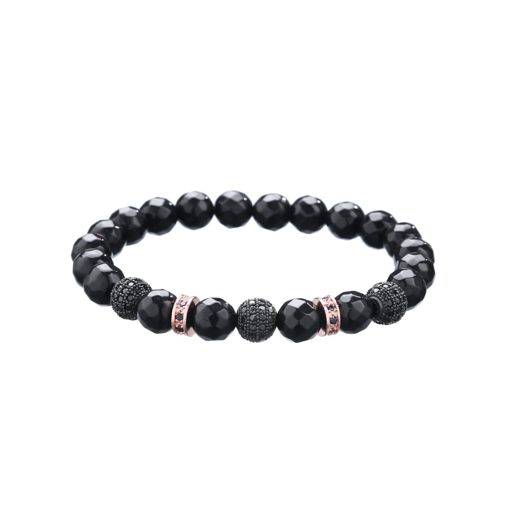 3 Black Ball Natural Faceted Black Agate Rose Gold Ball Zircon Crown Bracelet