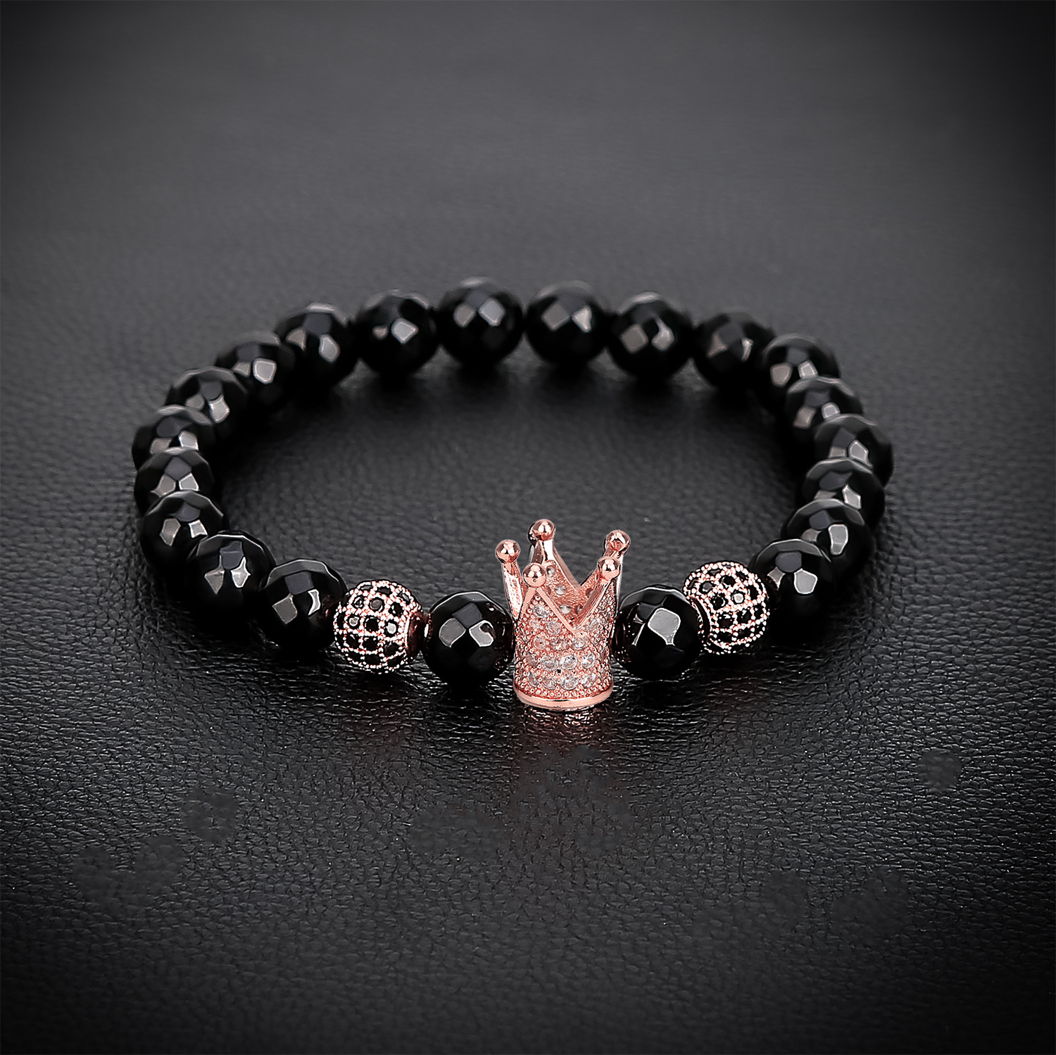 Faceted Black Agate Rose Gold Ball Zircon Crown Bracelet Man Fashion Women Fashion Gift For Women Fashion Bracelets