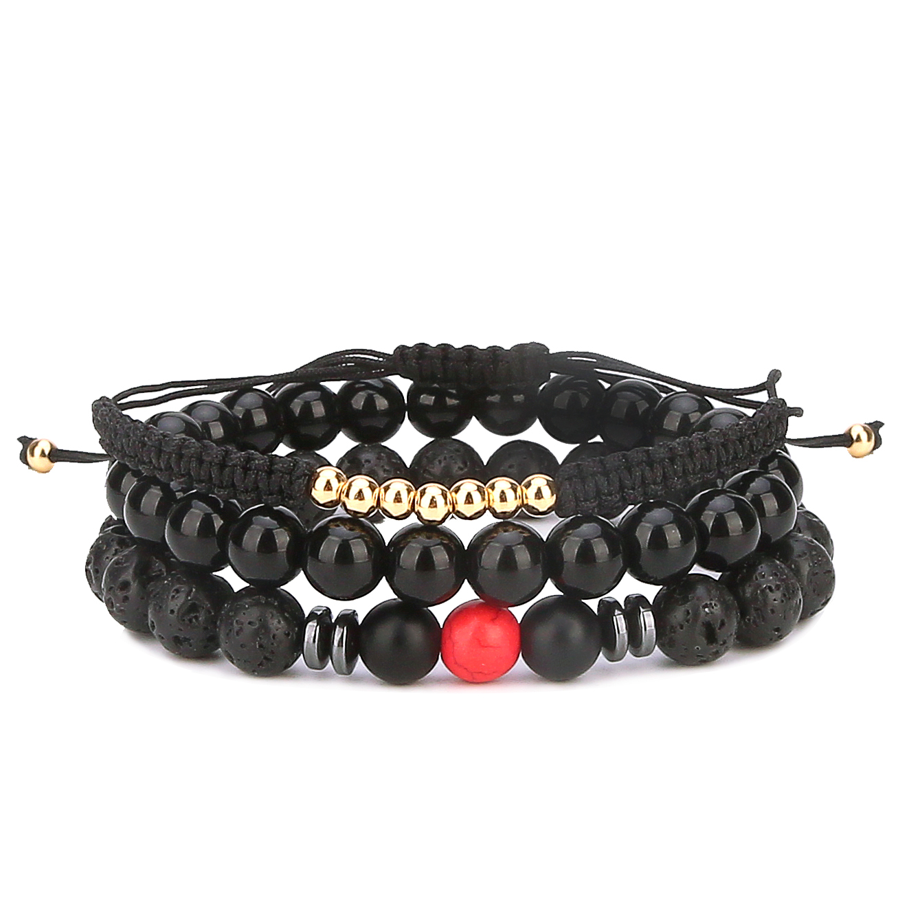 3 pcs Men Women Turquoise Black Lava Rock Stone Bead Charm And Leather Bracelet