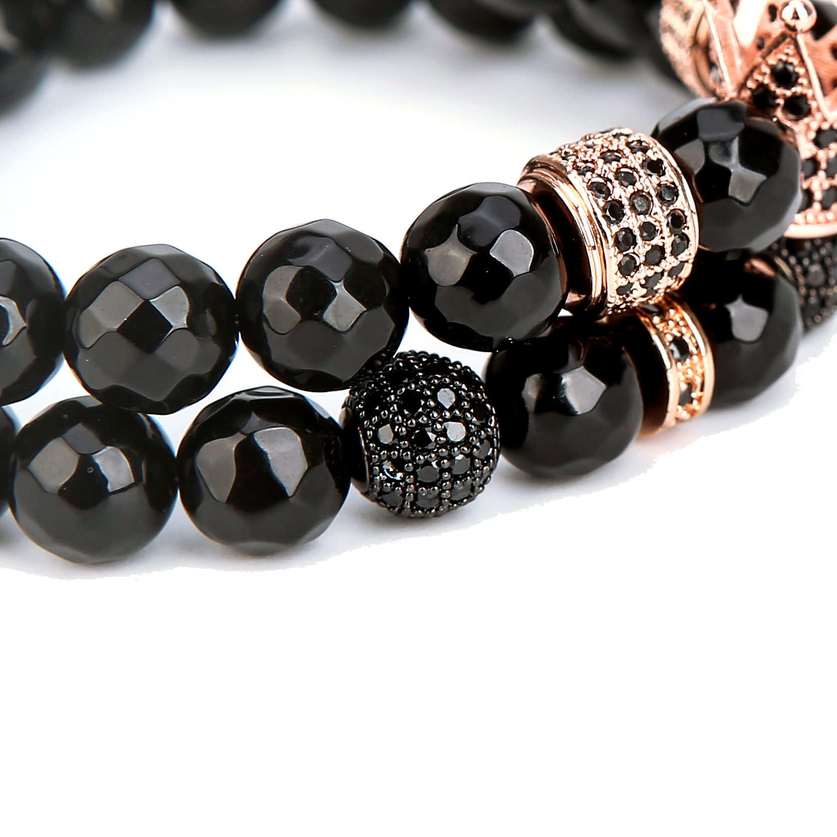 Fashion 3 Ball Spacer Faceted Black Onyx Rose Gold Oval Zircon Crown Bracelet