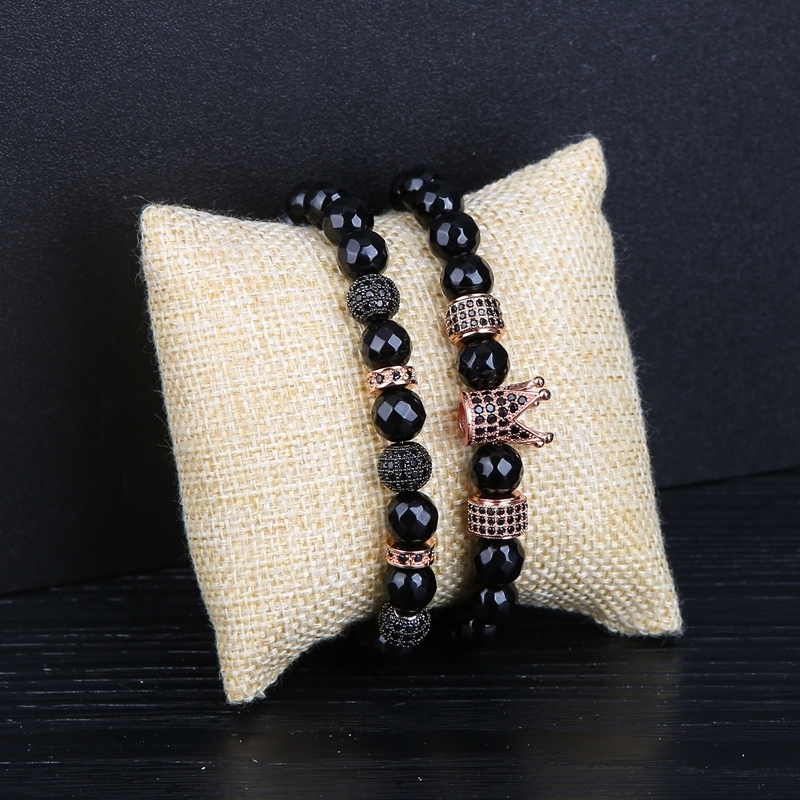 Fashion 3 Ball Spacer Faceted Black Onyx Rose Gold Oval Zircon Crown Bracelet