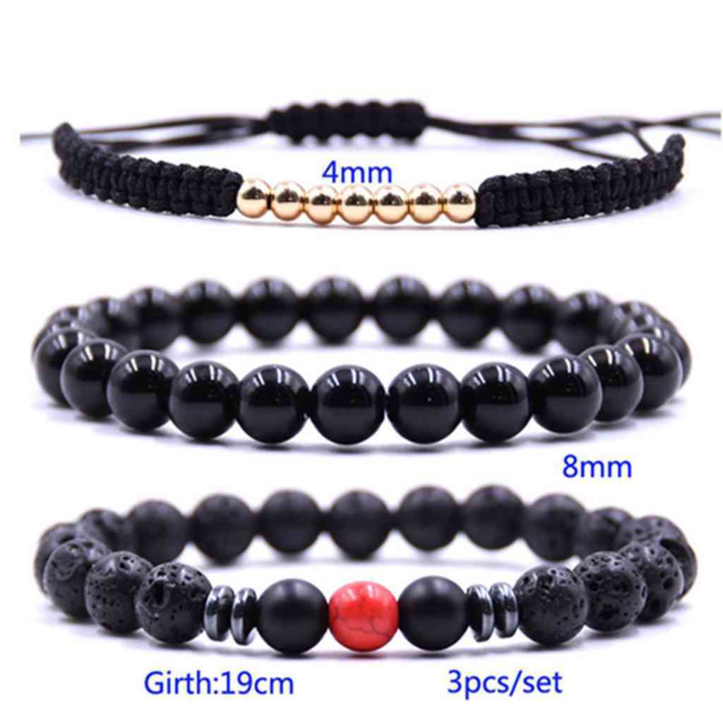 3 pcs Men Women Turquoise Black Lava Rock Stone Bead Charm And Leather Bracelet