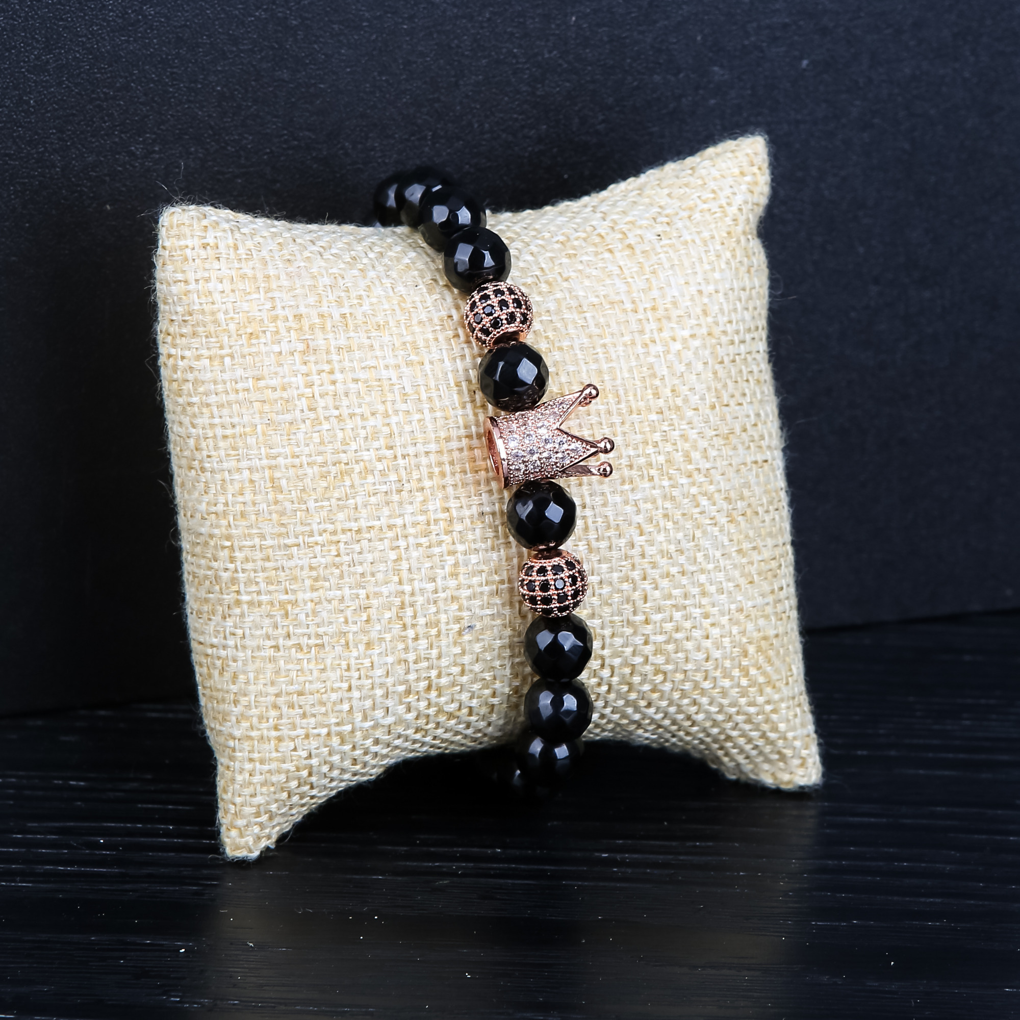 Faceted Black Agate Rose Gold Ball Zircon Crown Bracelet Man Fashion Women Fashion Gift For Women Fashion Bracelets