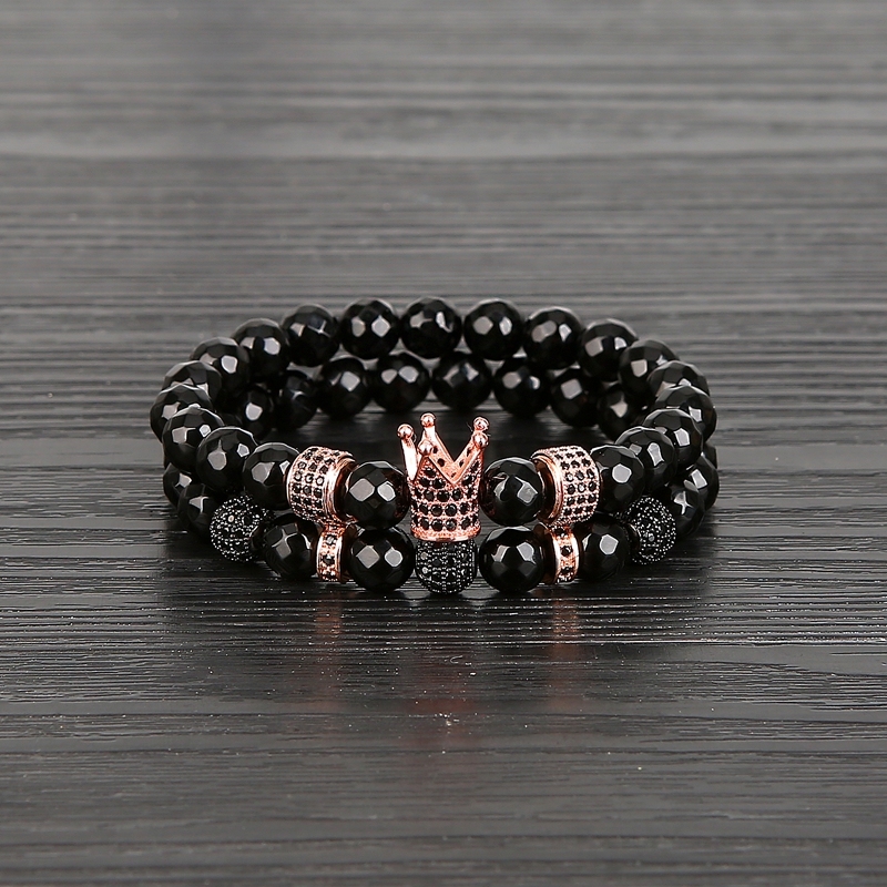 Fashion 3 Ball Spacer Faceted Black Onyx Rose Gold Oval Zircon Crown Bracelet